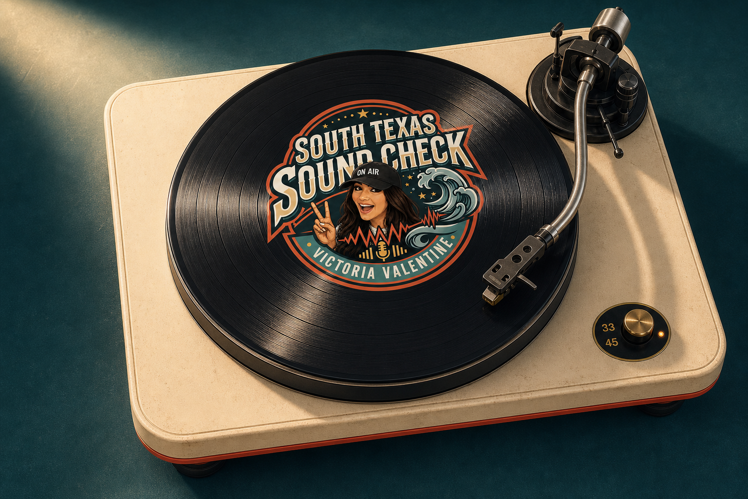 Cream vintage record player with the South Texas Sound Check artwork printed once on a black vinyl record